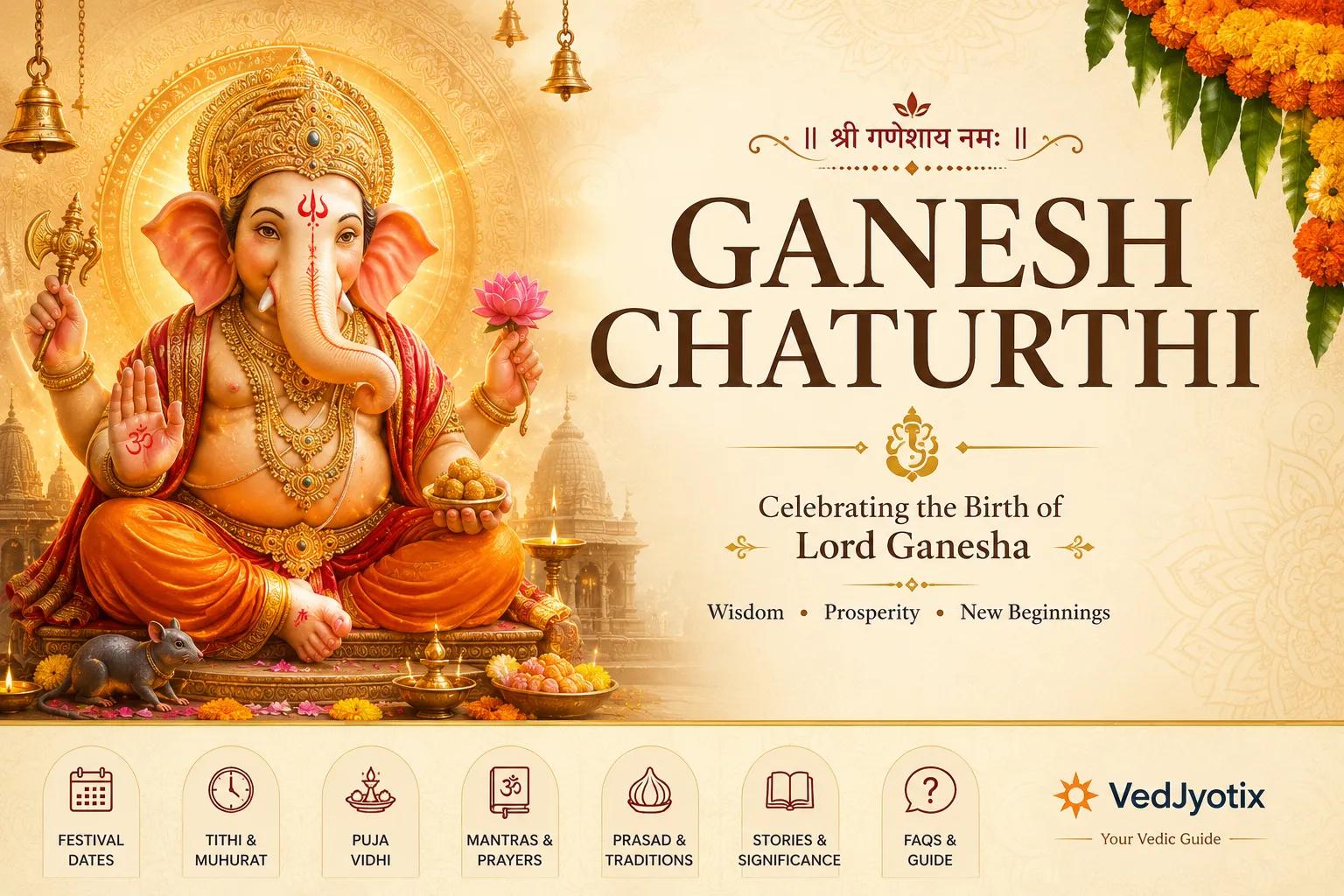 Lord Ganesha with modak and lotus among temple bells and marigolds — Ganesh Chaturthi