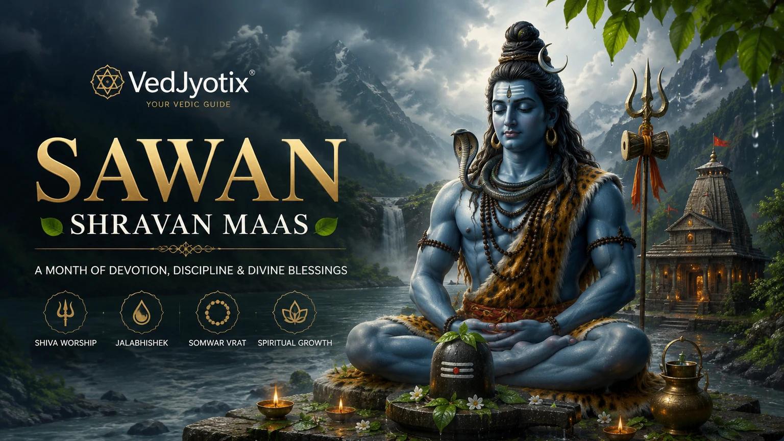 Lord Shiva seated in meditation beside a Shiva lingam during Sawan (Shravan Maas), with monsoon rain over a Himalayan temple — VedJyotix devotional illustration